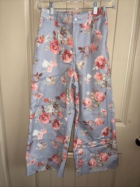 Floral Ankle Crop Jeans - Dusty Blue with Pink Roses